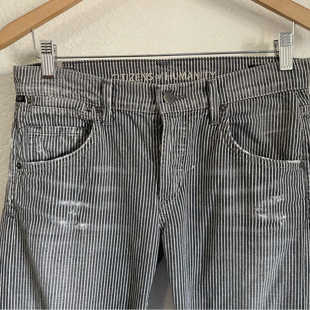Citizens of Humanity Pinstripe Dylan Boyfriend Distressed Jeans Ankle Crop Grey